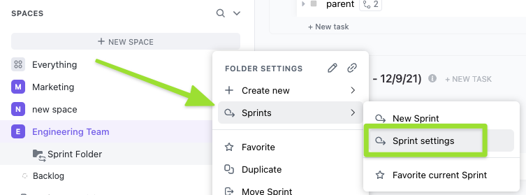 Screenshot of the menu option to edit Sprint settings