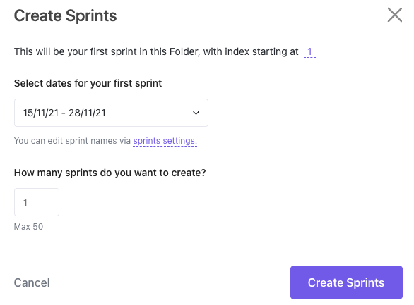 Screenshot of the create sprint modal