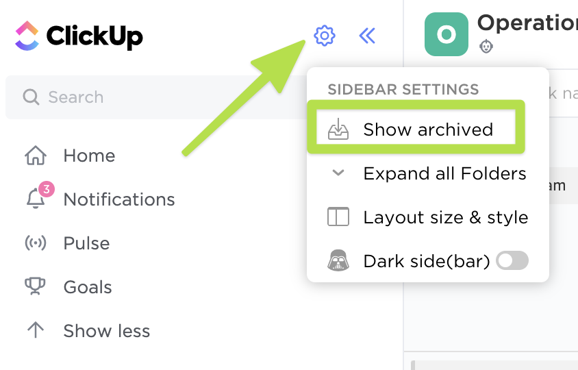Screenshot of the Sidebar settings menu highlighting the Show archived button.