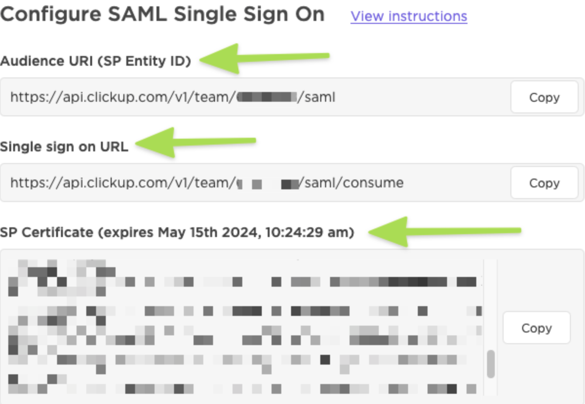 Screenshot of an SP certificate generated during the SAML configuration process.