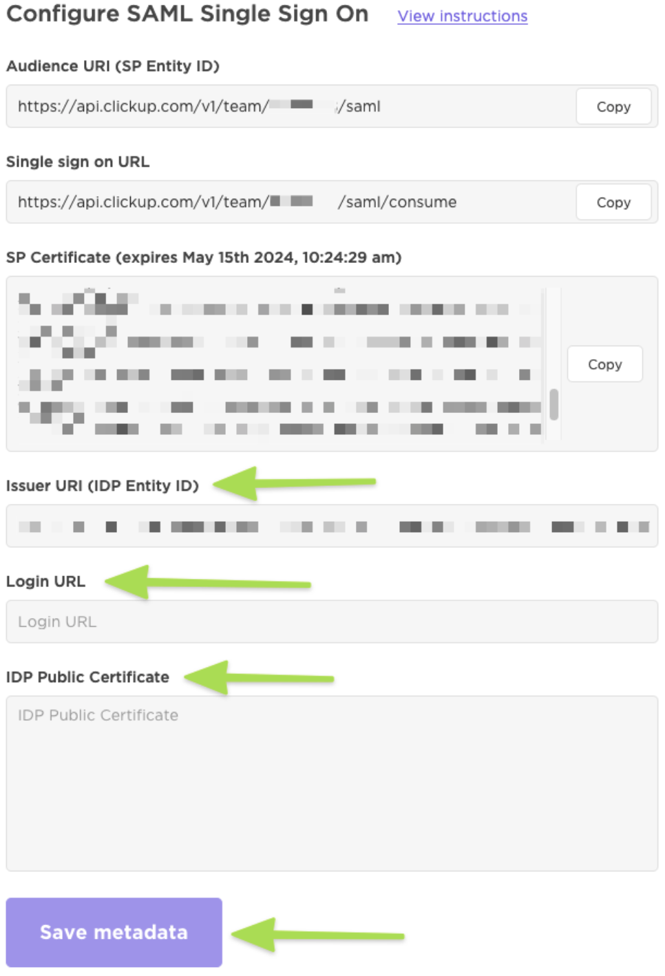 Screenshot showing the SAML configuration screen where users input their Issuer URI (IDP Entitity ID), Login URL (Single Sign On Service URL), and IDP Public Certificate.