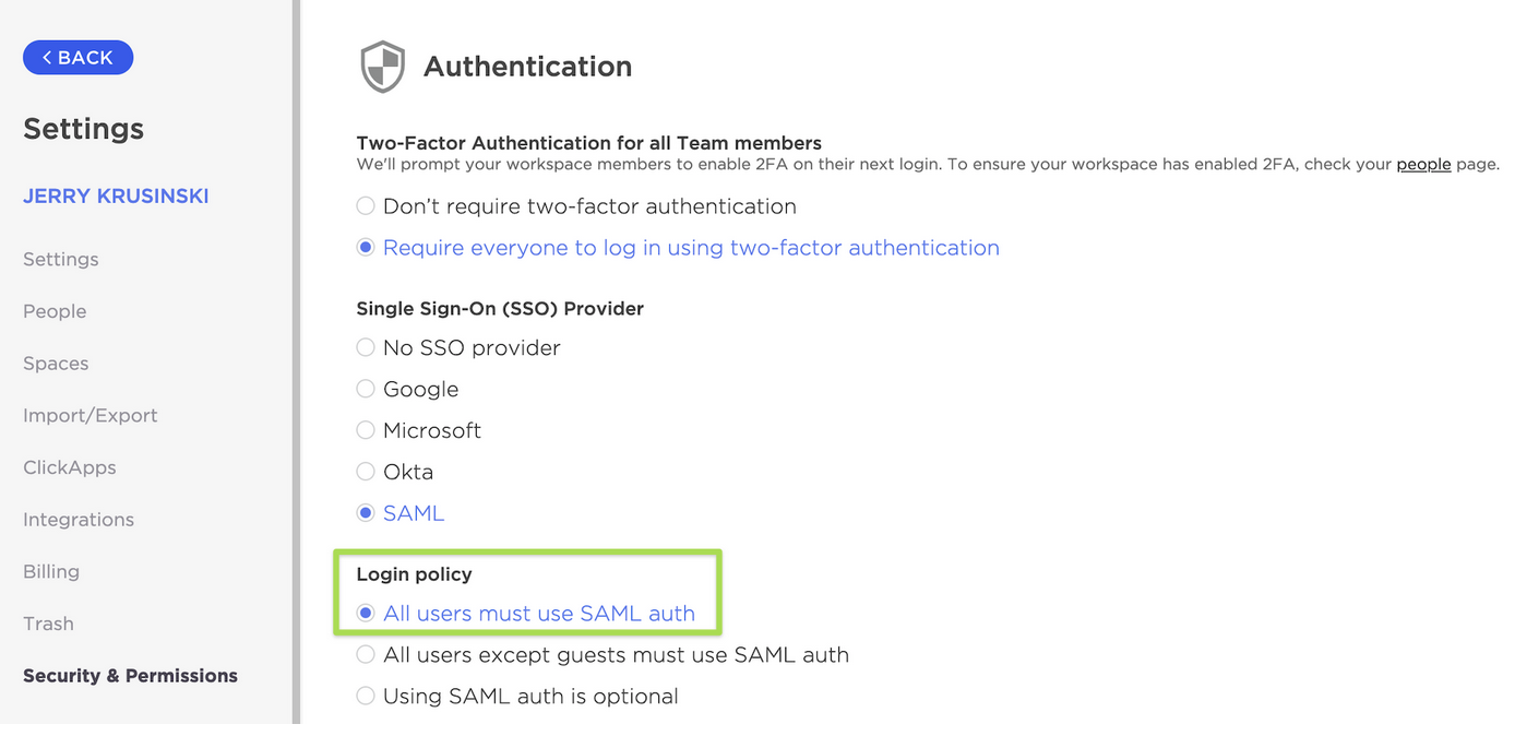 Screenshot showing the 'All users except guests must use SAML auth' option on the SAML Authentication screen.