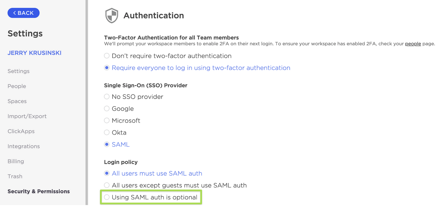 Screenshot showing the 'Using SAML auth is optional' option on the SAML Authentication screen.