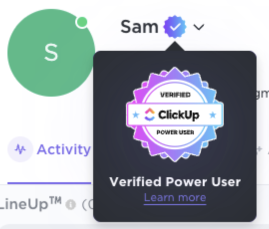 Screenshot of the ClickUp verified emblem next to someone's username.
