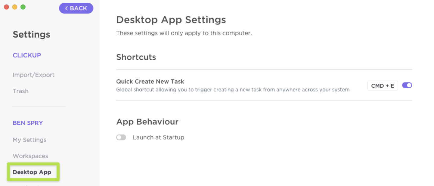 Screenshot of the Desktop app settings.
