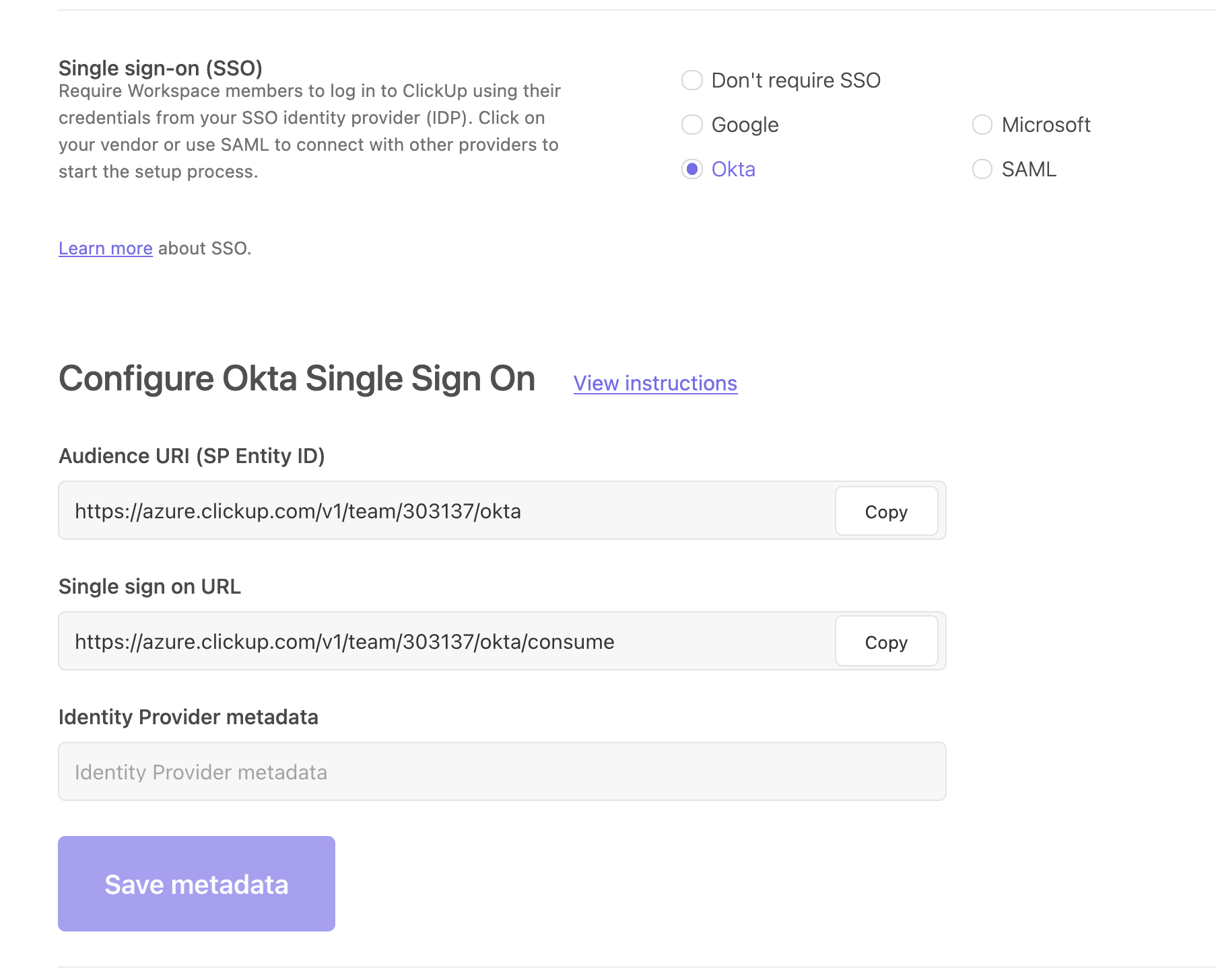 Screenshot of ClickUp Single sign-on section showing the Audience URI (SP Entity ID) and the Single sign-on URL fields.