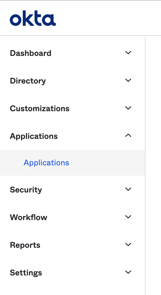 Screenshot of Okta Admin Dashboard showing the Applications tab and the Applications page.