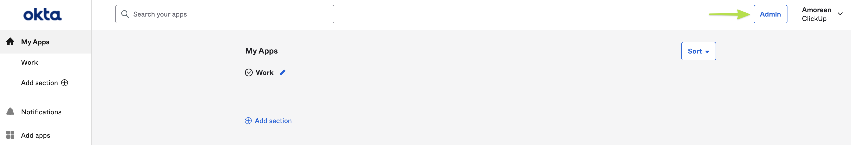 Screenshot of the Okta User dashboard and the Admin button.