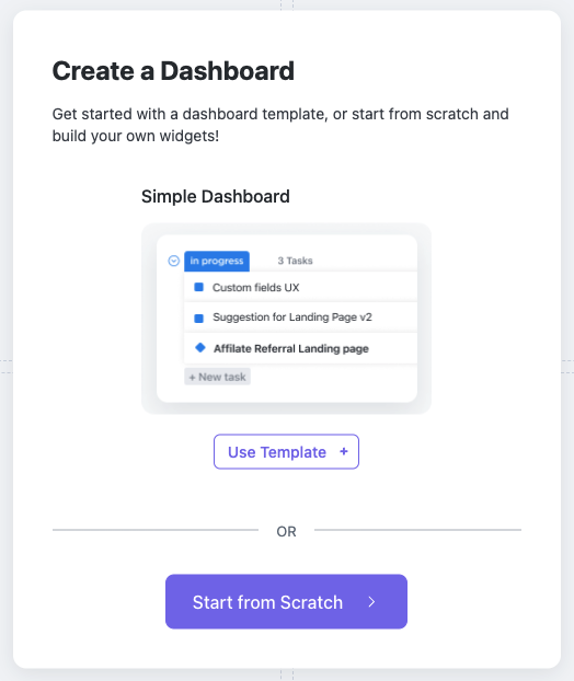 Screenshot of Create a Dashboard modal.