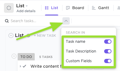 Screenshot highlighting the search bar's caret dropdown menu and the 'task name', 'task description', and 'Custom Fields' options.