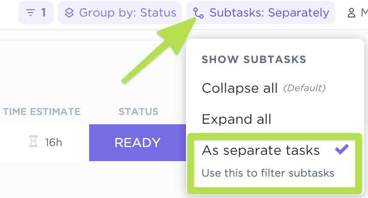 Screenshot highlighting the 'subtasks' menu and its 'collapse all', 'expand all', and 'as separate tasks' options.