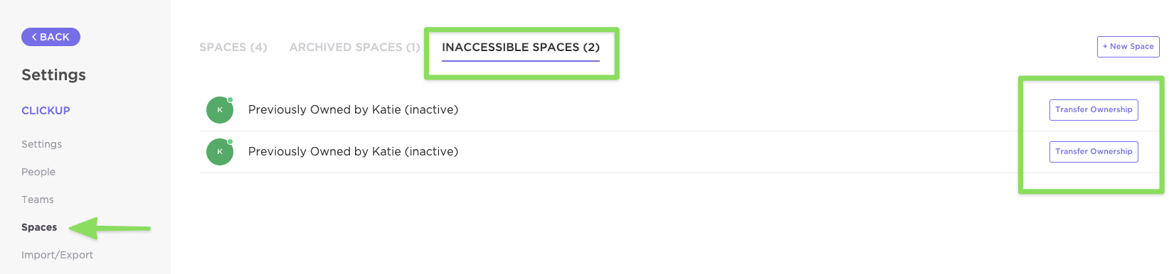Screenshot highlighting the 'inaccessible spaces' tab in the Spaces settings page.