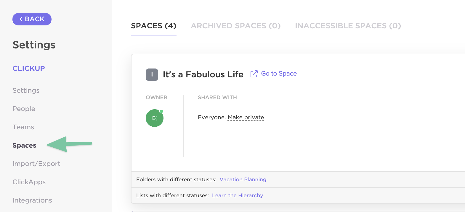 Screenshot highlighting the 'Spaces' sidebar option in the Workspace settings.