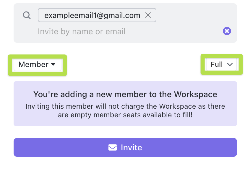 Screenshot highlighting the 'user role' and 'permissions' dropdown menus when sharing a Dashboard with someone outside your Workspace.