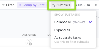 Screenshot of the 'Subtasks' dropdown and its options.
