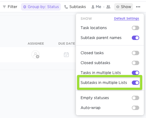 Screenshot highlighting the subtasks in multiple Lists option in List view.