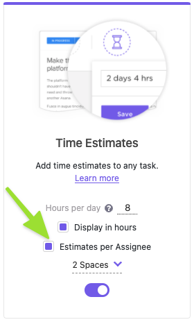 Screenshot of the Time Estimate ClickApp highlighting the Estimates per Assignee option,