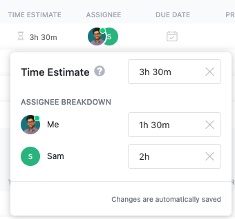 Screenshot of a Time Estimate with multiple assignees in List view.