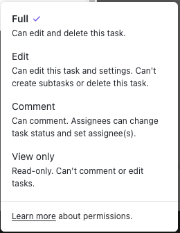 Screenshot of the permissions menu when sharing a task.
