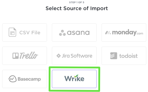 Import menu of ClickUp showing where you select Wrike.