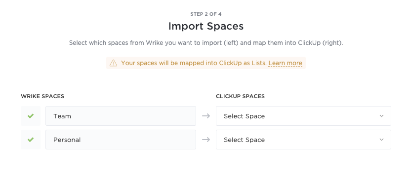The import Space step of the Wrike import.