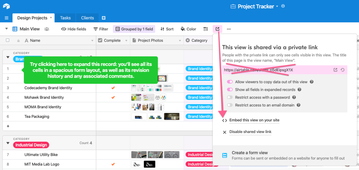 press on the share view button to find the embed code
