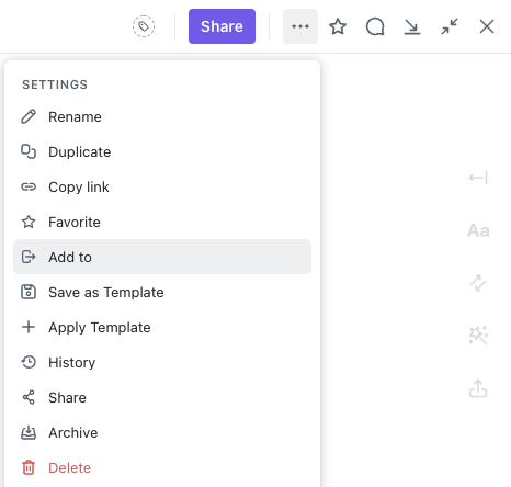 Screenshot of the Doc settings menu highlighting the Add to option