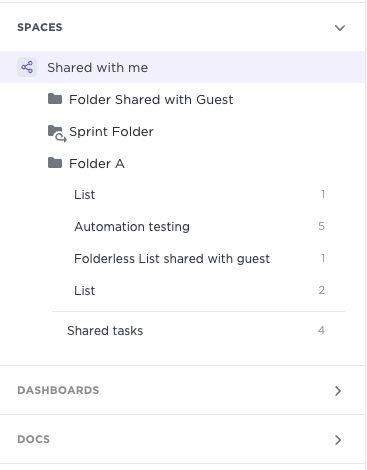 Screenshot highlighting the 'shared with me' section guests see in their left Sidebar menu.