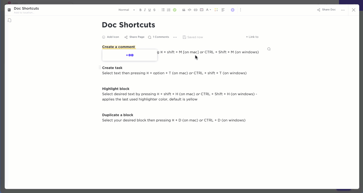 Gif of someone using several shortcuts in a Doc.