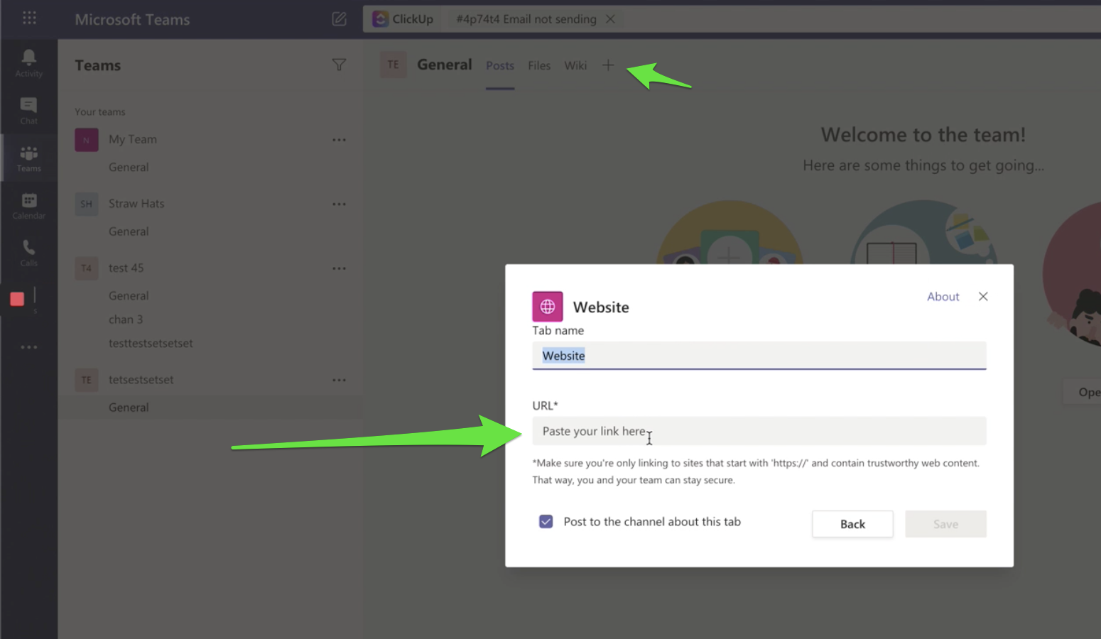 Screenshot of someone embedding a public read-only ClickUp view into Microsoft Teams.