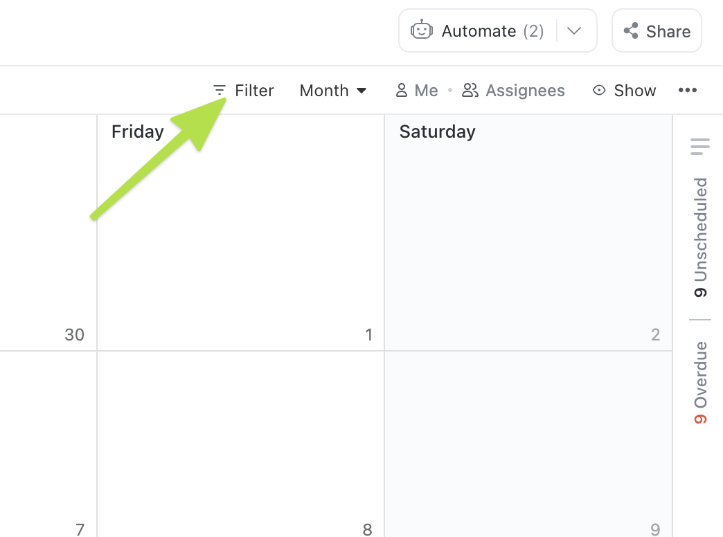 Screenshot highlighting the 'filtering' button in Calendar view.