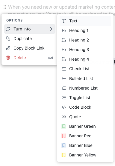 Screenshot of the content block menu for text.