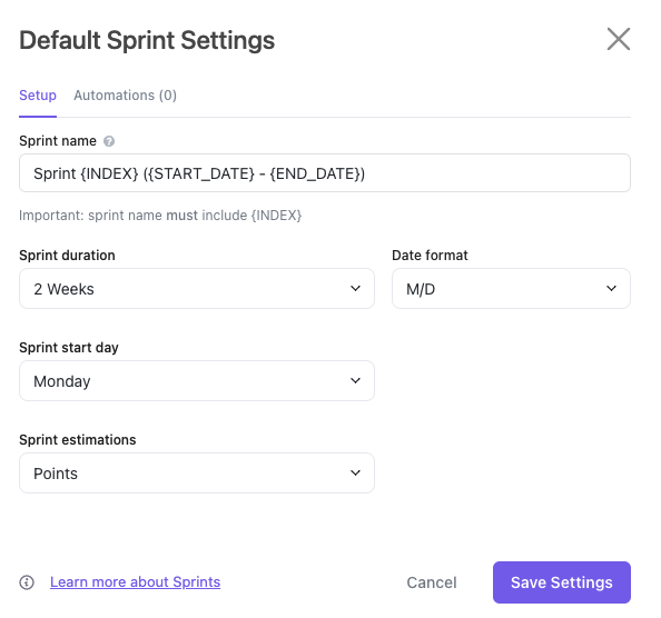 Screenshot of the default sprint settings modal.