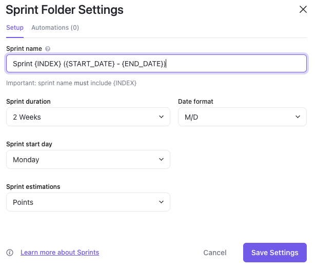 Screenshot of the Sprint Folder settings modal.