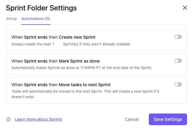 Screenshot of the Automations tab of the Sprint Folder settings modal.