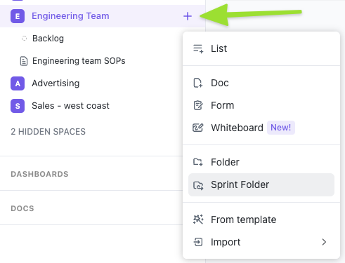 Screenshot of the option to create a sprint Folder.