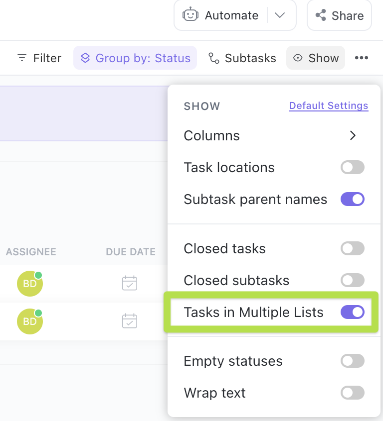 Screenshot highlighting the 'tasks in multiple lists' toggle in the 'show' menu.