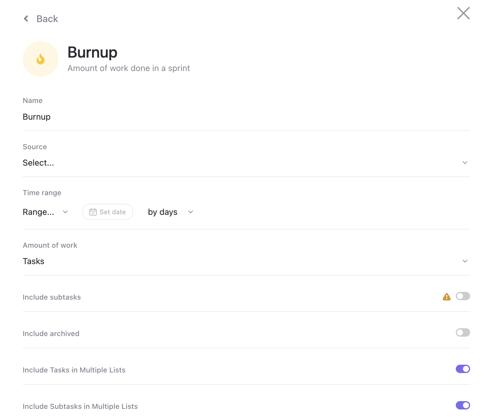 Screenshot of the Burnup widget creation modal.