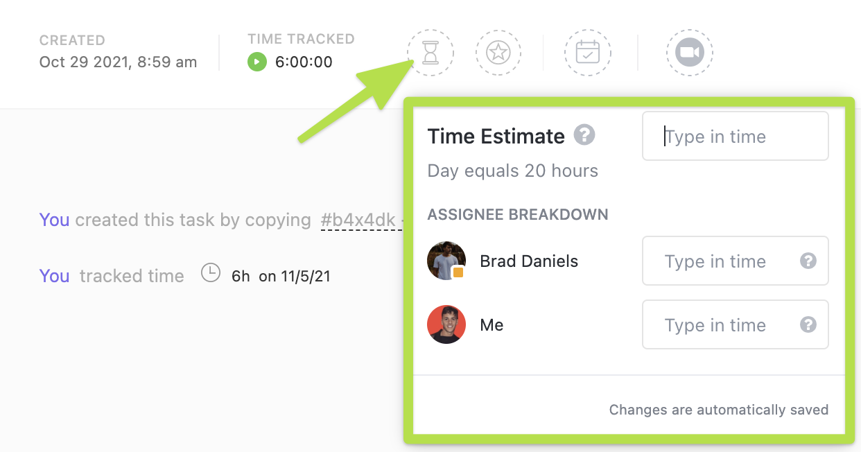 Screenshot showing Time Estimates being split between two users in a task modal.