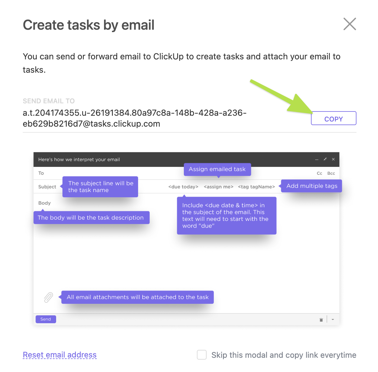 Screenshot highlighting the 'copy' button in the 'create tasks by email' modal.