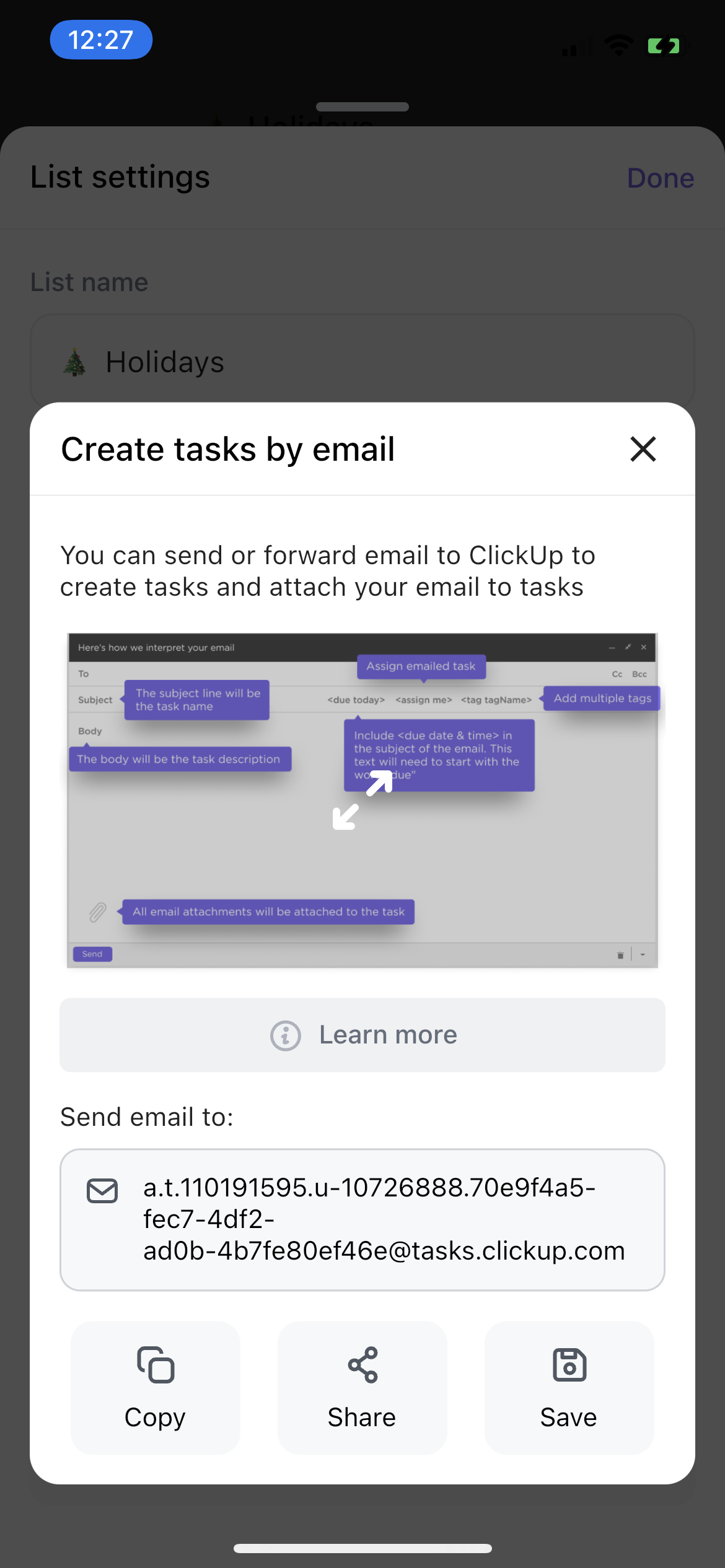 Screenshot of the'create tasks by email' modal.