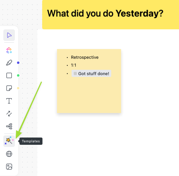 Screenshot of adding a template using the template button in the Whiteboards toolbar.