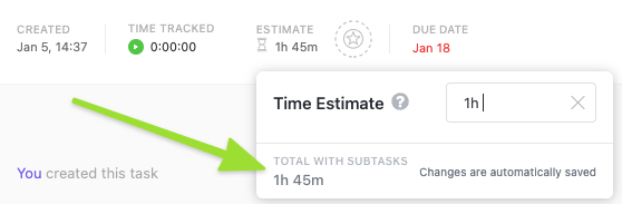 Screenshot of rollup feature on a large task. The sum of all time estimates on subtasks and the task itself is displayed.