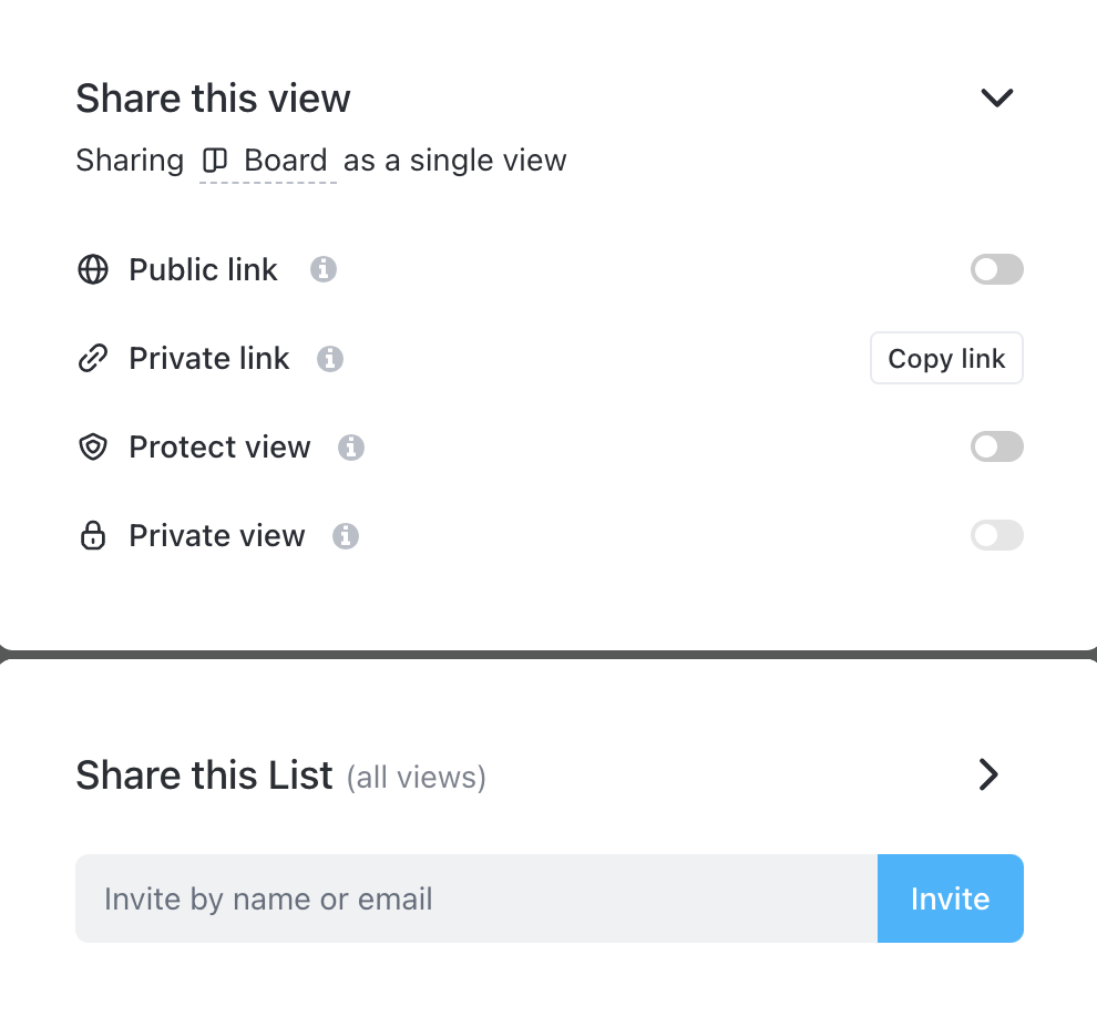 Screenshot showing the sharing and permissions modal for a view.