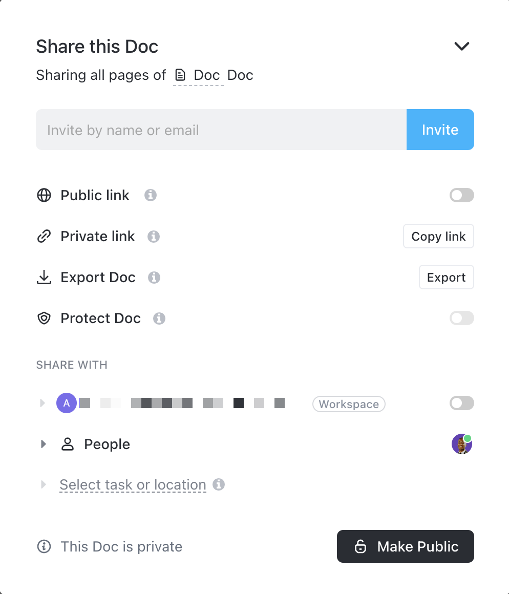 Screenshot showing the doc sharing modal.