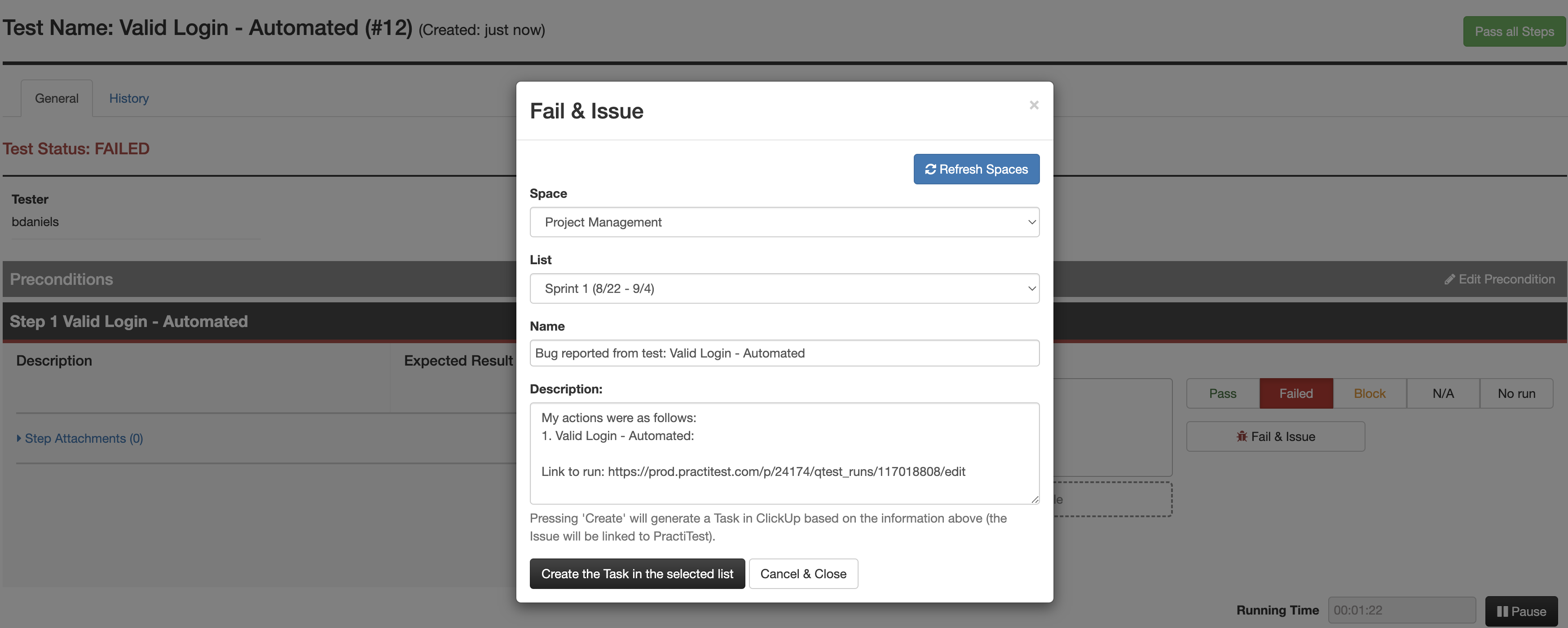 Screenshot of the 'fail and issue' menu in PractiTest.