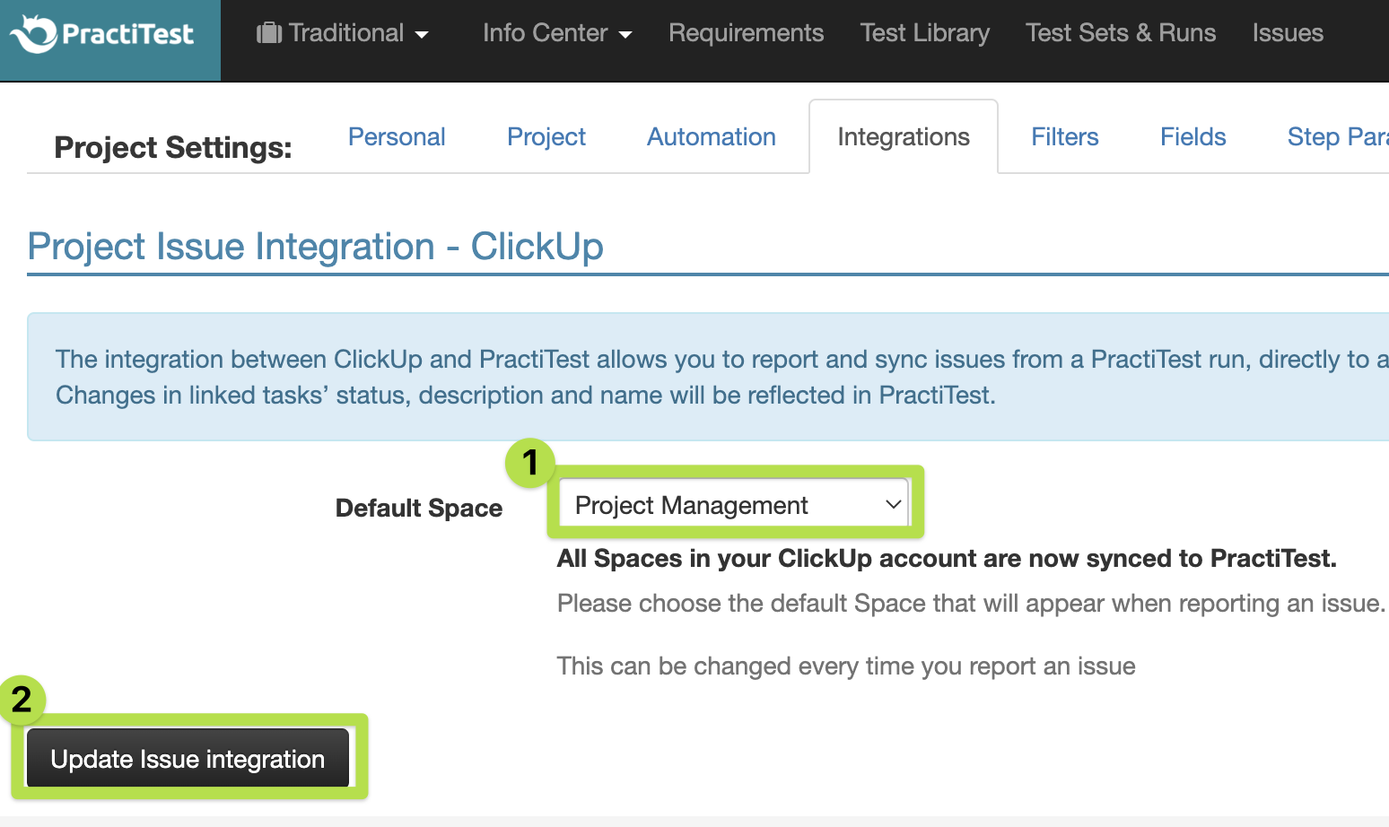Screenshot of the 'Update Issue integration' button in PractiTest.