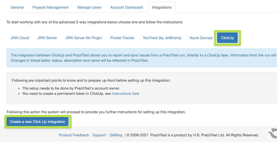 Screenshot of someone creating a ClickUp integration inside PractiTest.