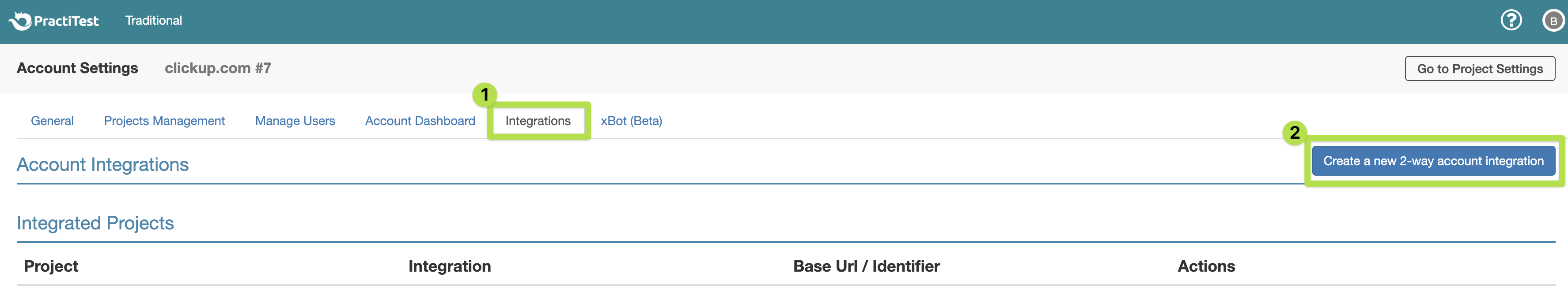 Screenshot of someone creating a new integration from PractiTest.