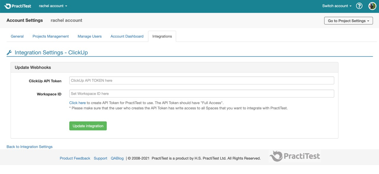 Screenshot of the 'integration settings' page in PractiTest.